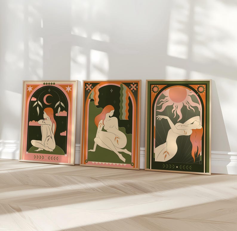 Mystic Tarot Wall Art Set of 3 — a celestial printable gallery featuring boho, witchy, and spiritual designs inspired by tarot symbolism and divine feminine energy. Perfect for meditation spaces, boho bedrooms, or sacred altars. Each digital print radiates cosmic harmony, intuition, and enlightenment. Instantly downloadable, high-resolution artwork for creating a cohesive and mystical gallery wall filled with moon, star, and tarot-inspired motifs that elevate your spiritual home decor.