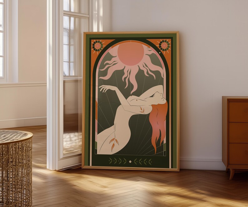 Large Celestial Sun Goddess art print leaning on floor near doorway in bright room, showing statement wall art scale.