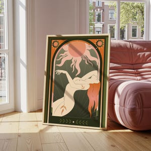 Tarot-inspired Celestial Sun Goddess print displayed near window and sofa, showing size and scale of large wall art.