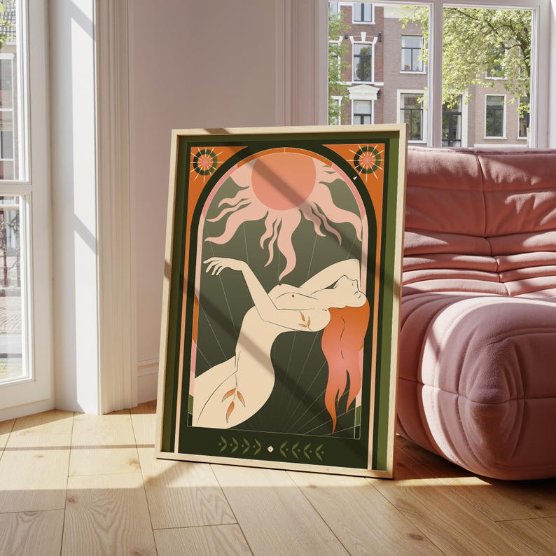 Tarot-inspired Celestial Sun Goddess print displayed near window and sofa, showing size and scale of large wall art.