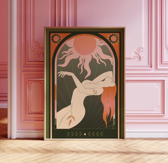 Art Deco Sun Goddess Print, Celestial Feminine Wall Art, Vintage Tarot Inspired Poster