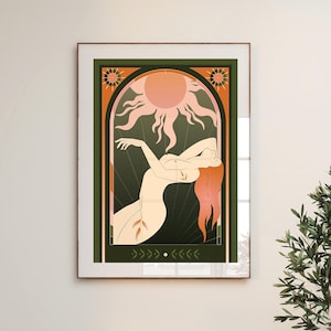 Celestial Sun Goddess Art Print featuring radiant sun beams, divine feminine energy, and tarot symbolism. Mystical boho spiritual decor perfect for astrology lovers, meditation rooms, and sacred spaces. This tarot inspired feminine poster embodies enlightenment, empowerment, and cosmic intuition with warm vintage tones. Ideal for bedroom or living room wall art, witchy decor, and spiritual home inspiration.