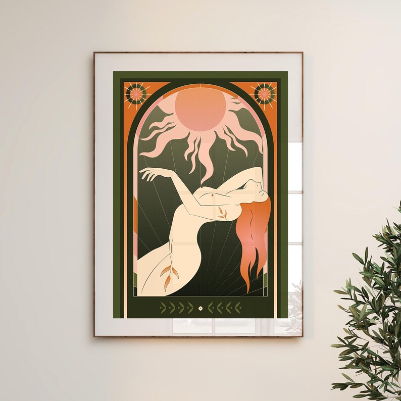 Celestial Sun Goddess Art Print featuring radiant sun beams, divine feminine energy, and tarot symbolism. Mystical boho spiritual decor perfect for astrology lovers, meditation rooms, and sacred spaces. This tarot inspired feminine poster embodies enlightenment, empowerment, and cosmic intuition with warm vintage tones. Ideal for bedroom or living room wall art, witchy decor, and spiritual home inspiration.