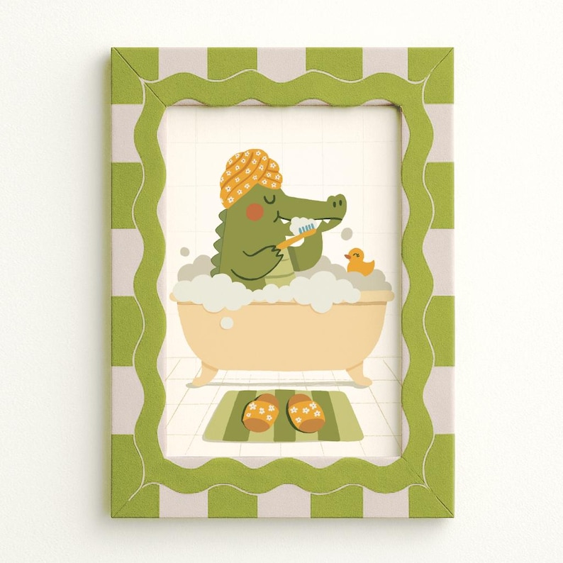 May include: A framed illustration of an alligator in a bathtub, brushing its teeth. The alligator wears a shower cap and is surrounded by bubbles. The frame is green with a wavy edge and a striped pattern. A rubber duck and slippers are also in the image.
