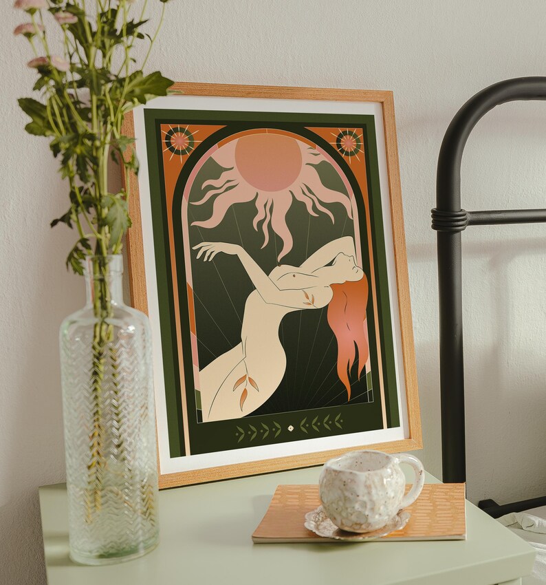Celestial Sun Goddess Art Print featuring radiant sun beams, divine feminine energy, and tarot symbolism. Mystical boho spiritual decor perfect for astrology lovers, meditation rooms, and sacred spaces. This tarot inspired feminine poster embodies enlightenment, empowerment, and cosmic intuition with warm vintage tones. Ideal for bedroom or living room wall art, witchy decor, and spiritual home inspiration.