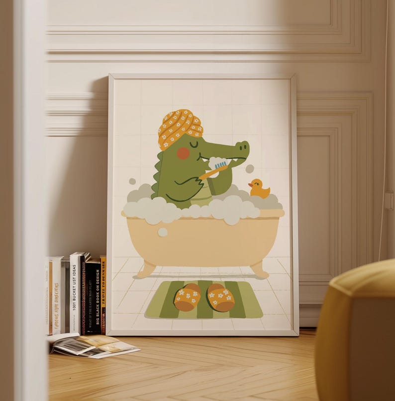 May include: A framed illustration depicts a green alligator in a yellow bathtub, wearing a turban and brushing its teeth. A rubber duck and a pair of floral slippers on a green bath mat complete the scene. The artwork is set against a tiled background.