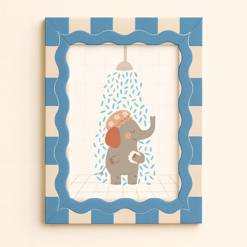May include: A framed illustration of a gray elephant taking a shower. The elephant wears a floral shower cap and holds a white washcloth. The frame has a blue and white striped pattern.
