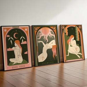 Mystic Tarot Wall Art Set of 3 — a celestial printable gallery featuring boho, witchy, and spiritual designs inspired by tarot symbolism and divine feminine energy. Perfect for meditation spaces, boho bedrooms, or sacred altars. Each digital print radiates cosmic harmony, intuition, and enlightenment. Instantly downloadable, high-resolution artwork for creating a cohesive and mystical gallery wall filled with moon, star, and tarot-inspired motifs that elevate your spiritual home decor.