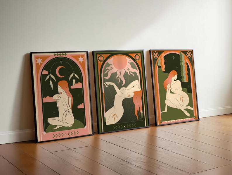 Mystic Tarot Wall Art Set of 3 — a celestial printable gallery featuring boho, witchy, and spiritual designs inspired by tarot symbolism and divine feminine energy. Perfect for meditation spaces, boho bedrooms, or sacred altars. Each digital print radiates cosmic harmony, intuition, and enlightenment. Instantly downloadable, high-resolution artwork for creating a cohesive and mystical gallery wall filled with moon, star, and tarot-inspired motifs that elevate your spiritual home decor.