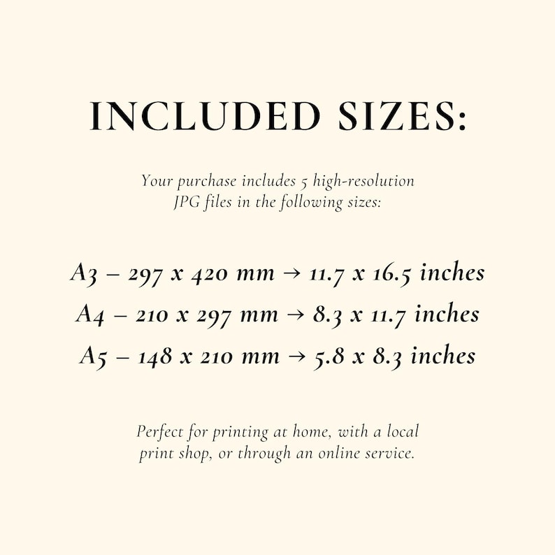 May include: A cream-colored graphic with the text "INCLUDED SIZES:" and size details for digital files. The sizes are listed in both millimeters and inches, including A3 (11.7 x 16.5 inches), A4 (8.3 x 11.7 inches), and A5 (5.8 x 8.3 inches).