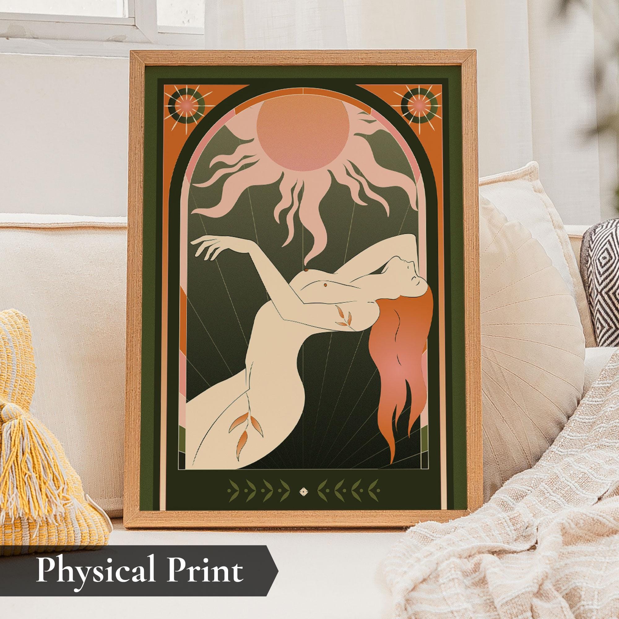 Vintage Sun Goddess Tarot Art Print | Mystic Boho Wall Decor for Bedroom | Divine Feminine Poster