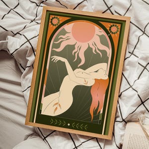 Celestial Sun Goddess Art Print featuring radiant sun beams, divine feminine energy, and tarot symbolism. Mystical boho spiritual decor perfect for astrology lovers, meditation rooms, and sacred spaces. This tarot inspired feminine poster embodies enlightenment, empowerment, and cosmic intuition with warm vintage tones. Ideal for bedroom or living room wall art, witchy decor, and spiritual home inspiration.