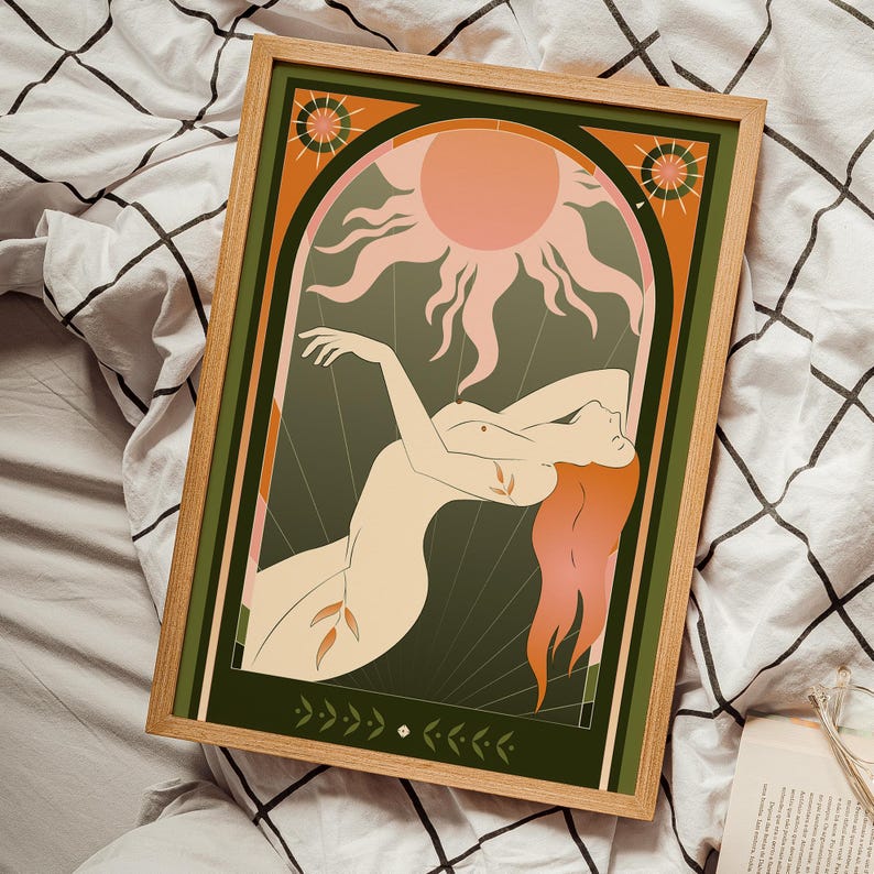 Celestial Sun Goddess Art Print featuring radiant sun beams, divine feminine energy, and tarot symbolism. Mystical boho spiritual decor perfect for astrology lovers, meditation rooms, and sacred spaces. This tarot inspired feminine poster embodies enlightenment, empowerment, and cosmic intuition with warm vintage tones. Ideal for bedroom or living room wall art, witchy decor, and spiritual home inspiration.