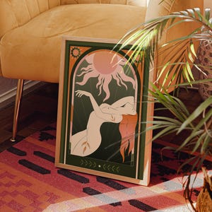Celestial Sun Goddess Art Print featuring radiant sun beams, divine feminine energy, and tarot symbolism. Mystical boho spiritual decor perfect for astrology lovers, meditation rooms, and sacred spaces. This tarot inspired feminine poster embodies enlightenment, empowerment, and cosmic intuition with warm vintage tones. Ideal for bedroom or living room wall art, witchy decor, and spiritual home inspiration.