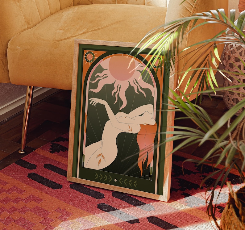 Celestial Sun Goddess Art Print featuring radiant sun beams, divine feminine energy, and tarot symbolism. Mystical boho spiritual decor perfect for astrology lovers, meditation rooms, and sacred spaces. This tarot inspired feminine poster embodies enlightenment, empowerment, and cosmic intuition with warm vintage tones. Ideal for bedroom or living room wall art, witchy decor, and spiritual home inspiration.