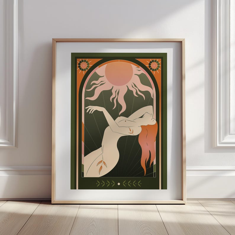 Celestial Sun Goddess Art Print featuring radiant sun beams, divine feminine energy, and tarot symbolism. Mystical boho spiritual decor perfect for astrology lovers, meditation rooms, and sacred spaces. This tarot inspired feminine poster embodies enlightenment, empowerment, and cosmic intuition with warm vintage tones. Ideal for bedroom or living room wall art, witchy decor, and spiritual home inspiration.