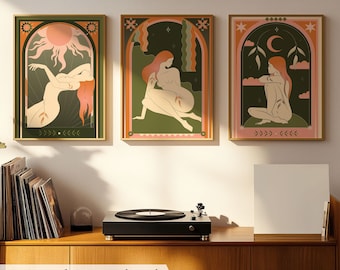 Mystic Tarot Wall Art Set: Boho Celestial Printable Decor - 3-Piece Spiritual Gallery Prints