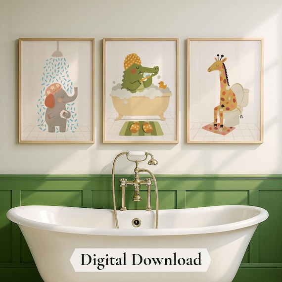 Animal Bathroom Art Set – Kids Nursery Decor (Digital Download)