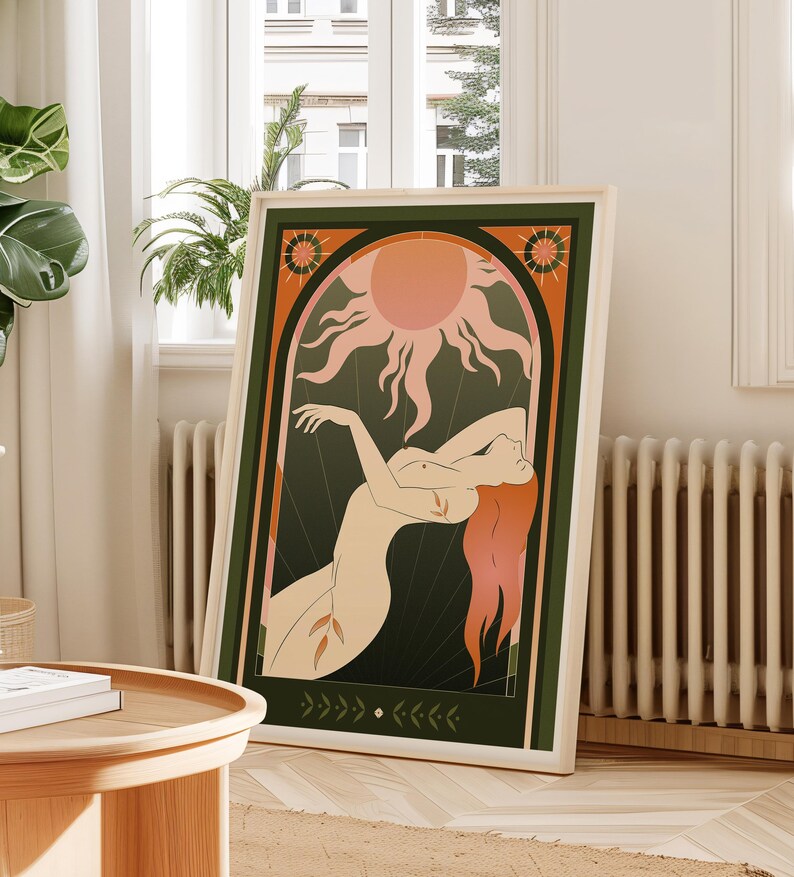 Celestial Sun Goddess Art Print featuring radiant sun beams, divine feminine energy, and tarot symbolism. Mystical boho spiritual decor perfect for astrology lovers, meditation rooms, and sacred spaces. This tarot inspired feminine poster embodies enlightenment, empowerment, and cosmic intuition with warm vintage tones. Ideal for bedroom or living room wall art, witchy decor, and spiritual home inspiration.