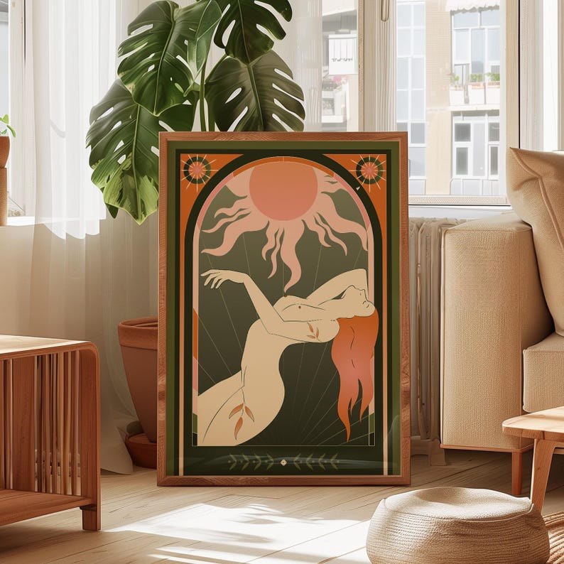 Celestial Sun Goddess Art Print featuring radiant sun beams, divine feminine energy, and tarot symbolism. Mystical boho spiritual decor perfect for astrology lovers, meditation rooms, and sacred spaces. This tarot inspired feminine poster embodies enlightenment, empowerment, and cosmic intuition with warm vintage tones. Ideal for bedroom or living room wall art, witchy decor, and spiritual home inspiration.