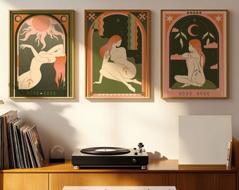 Juego de 3 cuadros de tarot místico, pósteres celestiales bohemios, decoración de galería imprimible espiritual