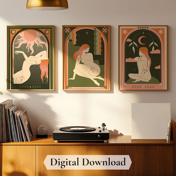 Mystic Tarot Wall Art Set of 3, Boho Celestial Posters, Spiritual Printable Gallery Decor