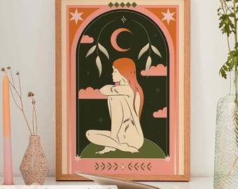 Mystical Woman Under Moon Digital Art: Spiritual Boho Wall Decor, Divine Feminine Energy Download