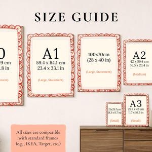 May include: Size guide with framed art prints. Displays A0 (33.1 x 46.8 in), A1 (23.4 x 33.1 in), 100x70cm (28 x 40 in), A2 (16.5 x 23.4 in), 50x70cm (20 x 28 in), A3 (11.7 x 16.5 in), and 21x29.7cm (8.3 x 11.7 in) sizes. Text: "All sizes are compatible with standard frames."