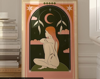 Mystical Moon Goddess Wall Art: Boho Spiritual Print for Yoga Space, Witchy Decor & Divine Feminine Energy