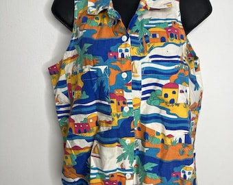 Vintage Sleeveless Button Down Collar Shirt Cherokee Colorful Size Medium