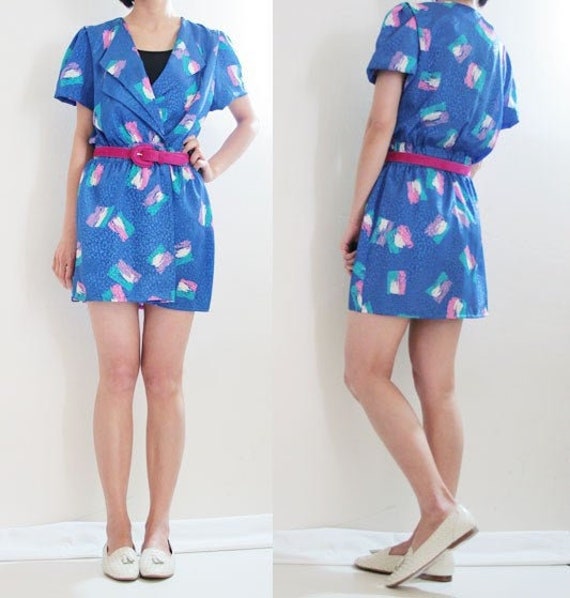 funky shirt dress Funky Vintage Jonathan Martin 70s Mini Blue Abstract Mini Shirt Dress S, M