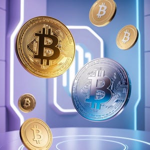 May include: A futuristic scene with multiple gold and silver Bitcoin cryptocurrency coins floating in the air. The coins are in a room with a purple and blue glowing floor and walls.