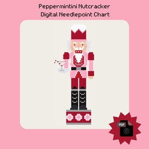 May include: Digital needlepoint chart featuring a pixelated illustration of a pink and red nutcracker holding a cocktail. The nutcracker wears a white wig and a tall hat. The image includes the text "Peppermintini Nutcracker Digital Needlepoint Chart."