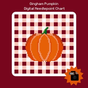 May include: Digital needlepoint chart featuring a pixelated orange pumpkin with a green stem, set against a red and white gingham pattern. The text "Gingham Pumpkin Digital Needlepoint Chart" is at the top. A PDF icon is in the lower right corner.