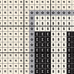 May include: A black and white pixel art design featuring a gray star, a dollar sign, and the Greek letter sigma. The design is made up of small squares arranged in a grid pattern.