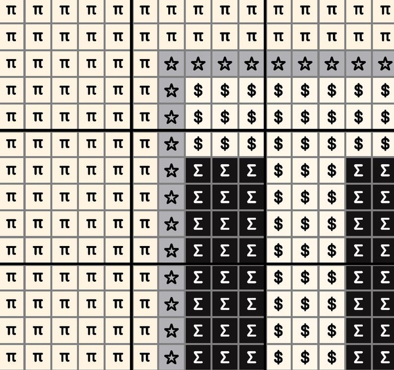 May include: A black and white pixel art design featuring a gray star, a dollar sign, and the Greek letter sigma. The design is made up of small squares arranged in a grid pattern.