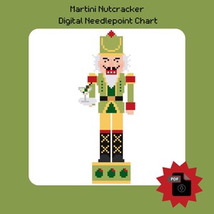 May include: Digital needlepoint chart with a pixelated Martini Nutcracker design. The nutcracker wears a green and gold uniform, holding a martini glass. The design includes the text "Martini Nutcracker Digital Needlepoint Chart".