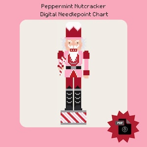 Puede incluir: Un gráfico digital de punto de aguja con un cascanueces de menta rosa y rojo que sostiene un bastón de caramelo. El cascanueces está de pie sobre una base a rayas. El gráfico está disponible para descargar en PDF.
