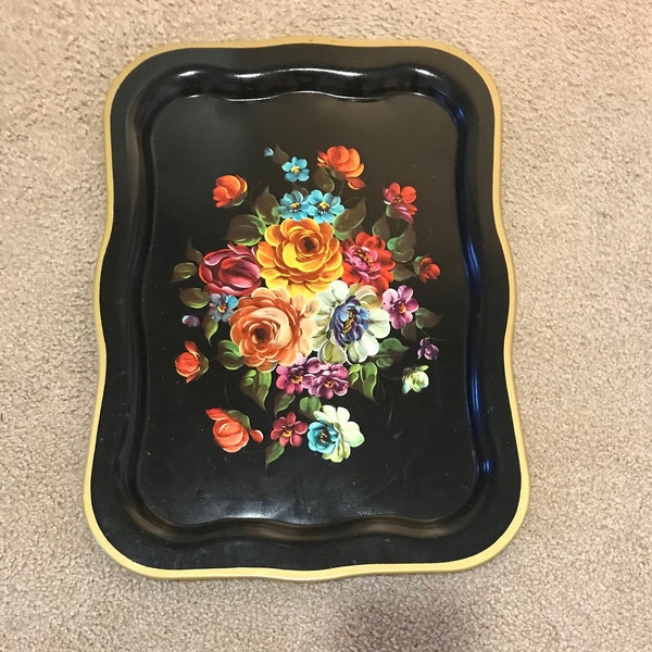 Vintage Metal tole tray black hand painted  flowers