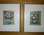 vintage set of two gold  frames  w  picrues of bouquets of roses in vases, signed,  painted gilt wood
