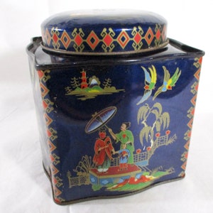 Tea Tin, Vintage English Tea Tin, Decorative Tea Tin, Blue Oriental Tea Tin