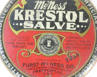 Antique McNess Krestol Salve Tin Can, Collectible Medical Decor