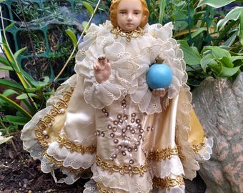 Vintage Infant of Prague Plaster Statue, Beaded Cape