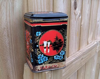 Vintage Red Hinged Lid Candy Tin, Oriental Theme
