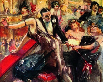 May include: A painting depicting a group of people in a social setting. The scene is filled with vibrant colours, including shades of red, yellow, and blue. The figures are dressed in elegant attire, with women wearing long dresses and men in suits. The painting captures a moment of lively conversation and interaction, suggesting a festive atmosphere.