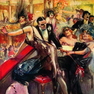 Puede incluir: Una pintura que representa a un grupo de personas en un entorno social. La escena está llena de colores vibrantes, incluyendo tonos de rojo, amarillo y azul. Las figuras están vestidas con atuendos elegantes, con mujeres que llevan vestidos largos y hombres con trajes. La pintura captura un momento de animada conversación e interacción, lo que sugiere un ambiente festivo.