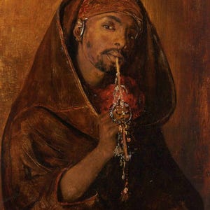 May include: An oil painting of a man wearing a brown hooded cloak and a turban. He is holding a long, ornate object to his mouth. The background is a warm, earthy tone.