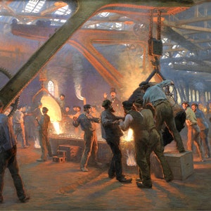 May include: A painting depicting a scene inside a factory, with workers in overalls and hats gathered around a large vat of molten metal. The metal is being poured from a crane, and sparks are flying. The scene is lit by the glow of the molten metal and the overhead lights.
