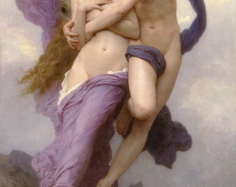 May include: A painting of a couple embracing, the man with wings and the woman draped in a purple fabric. The couple is floating in the sky with clouds in the background.