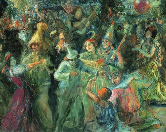 May include: A colorful painting depicting a group of people in costumes dancing and celebrating at a party. The scene is set in a garden with lush greenery and a festive atmosphere. The painting is done in a loose, impressionistic style with vibrant colors and brushstrokes.